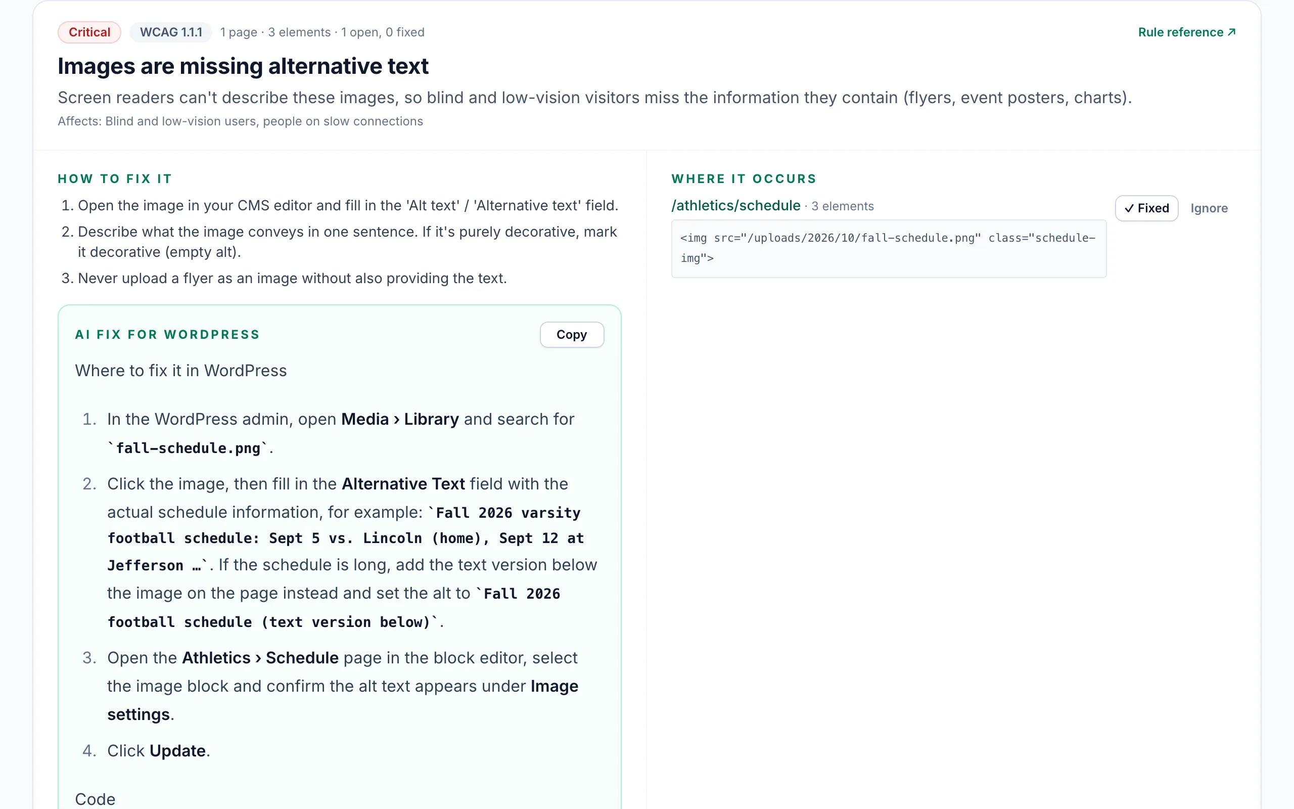 PillarScan AI fix suggestion showing WordPress-specific instructions and a copyable code snippet