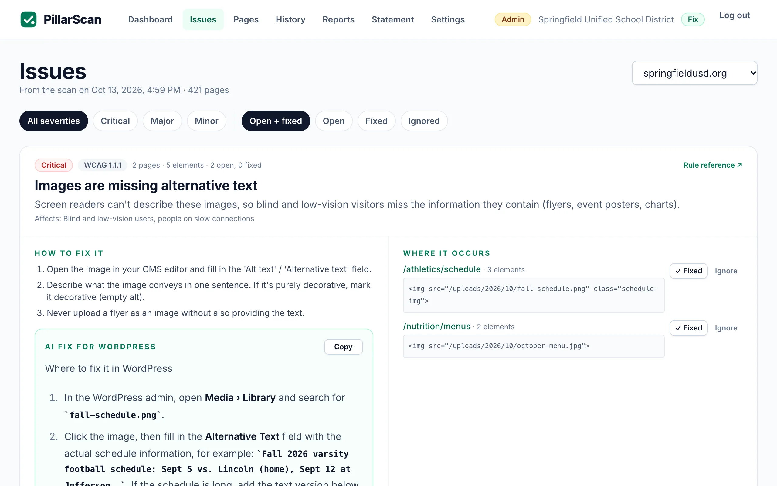 PillarScan issue tracker listing accessibility violations with severity badges, WCAG references and fix steps