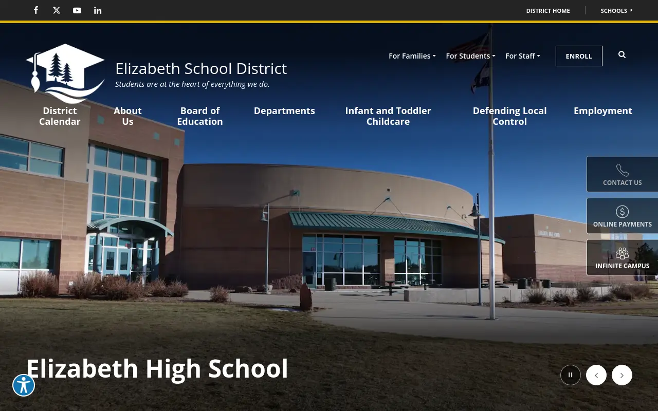 Screenshot of the Elizabeth School District homepage at scan time