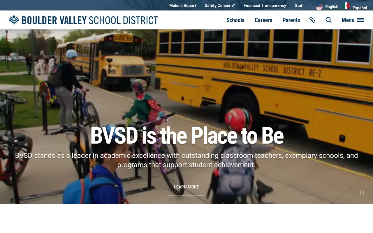 Screenshot of the Boulder Valley Re 2 homepage at scan time