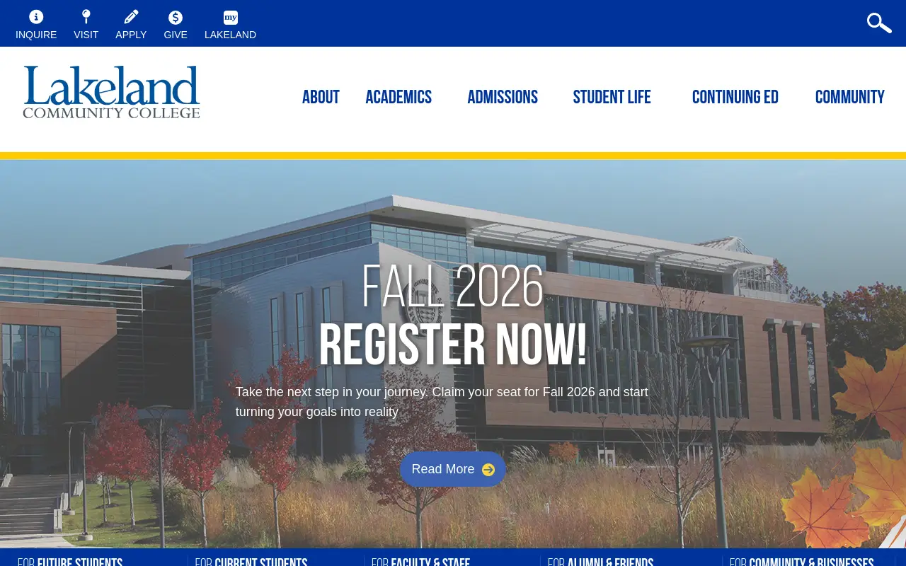Screenshot of the Lakeland Community College homepage at scan time