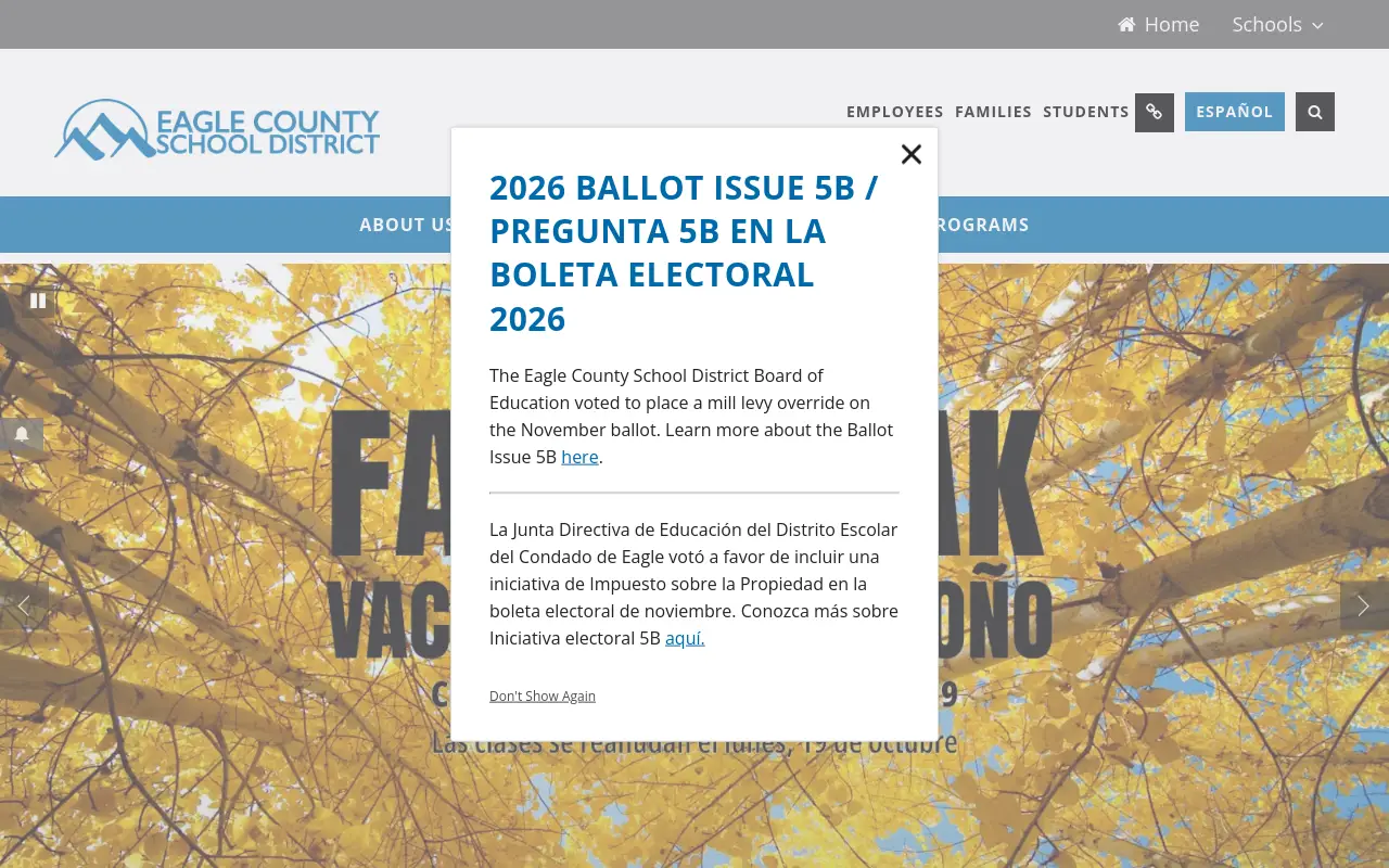 Screenshot of the Eagle County RE 50 homepage at scan time