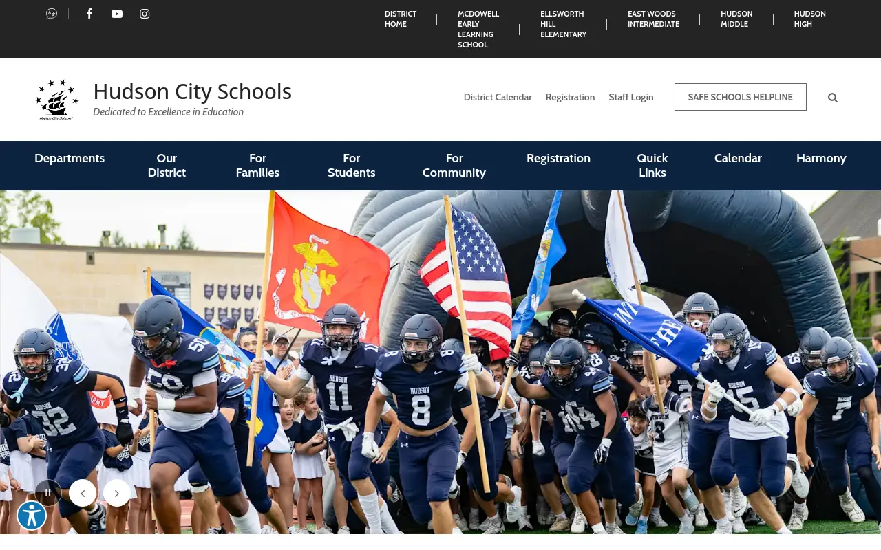 Screenshot of the Hudson City Schools homepage at scan time