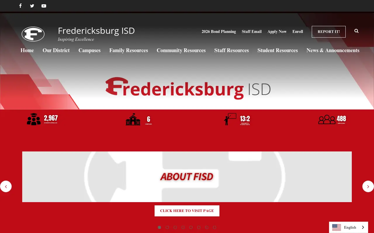 Screenshot of the Fredericksburg ISD homepage at scan time