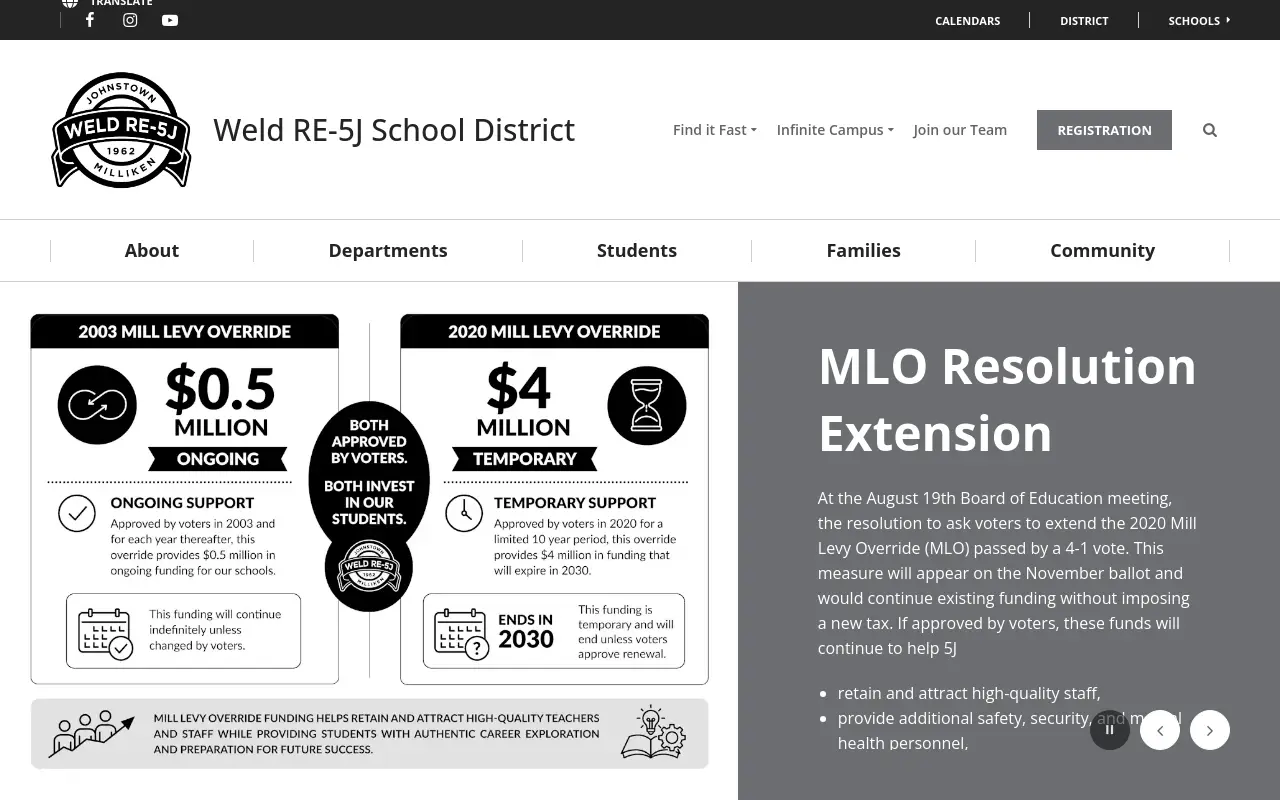 Screenshot of the Johnstown-Milliken RE-5J homepage at scan time