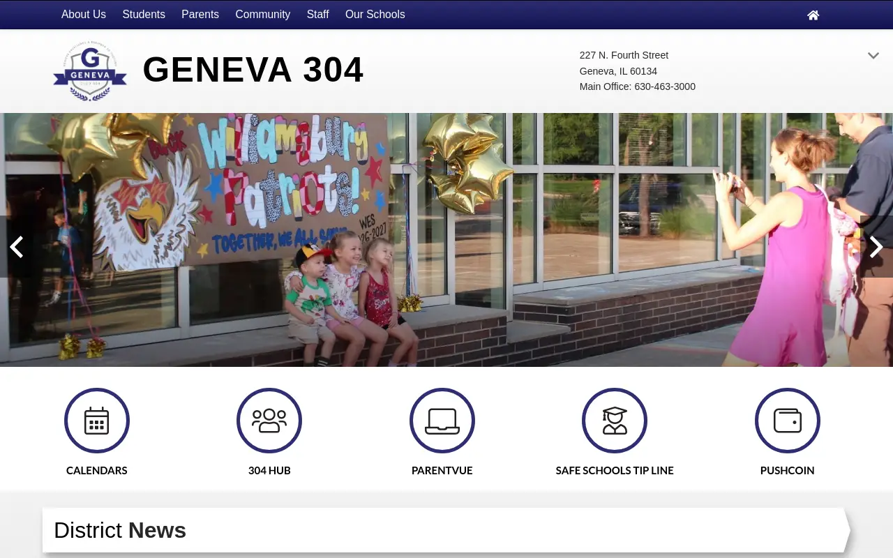 Screenshot of the Geneva CUSD 304 homepage at scan time
