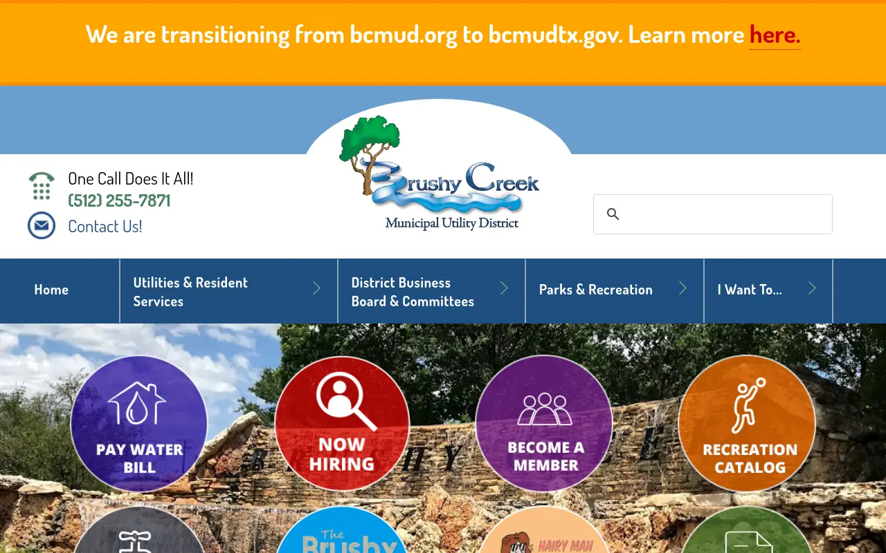 Screenshot of the Brushy Creek Municipal Utility District homepage at scan time