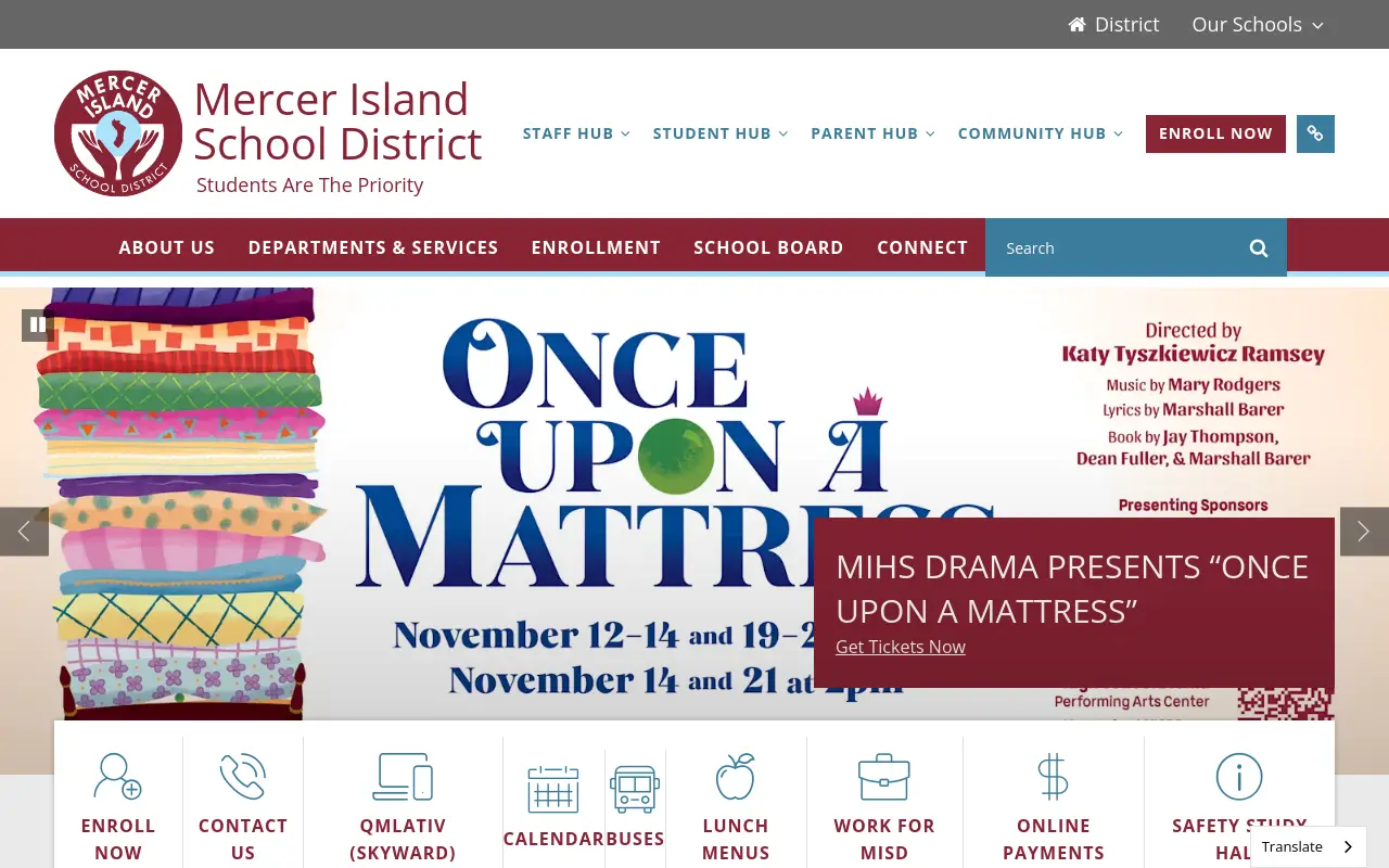 Screenshot of the Mercer Island School District homepage at scan time