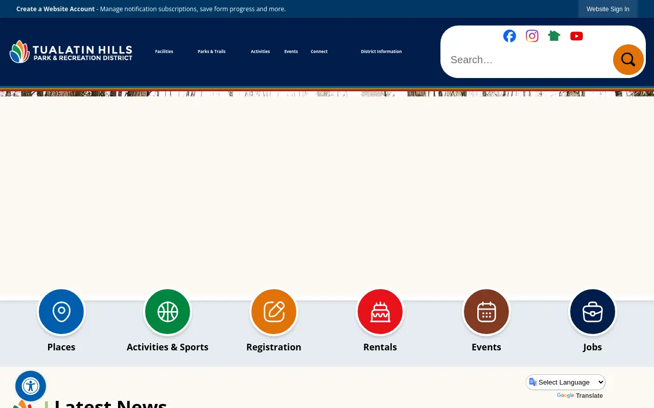 Screenshot of the Tualatin Hills Park & Recreation District homepage at scan time