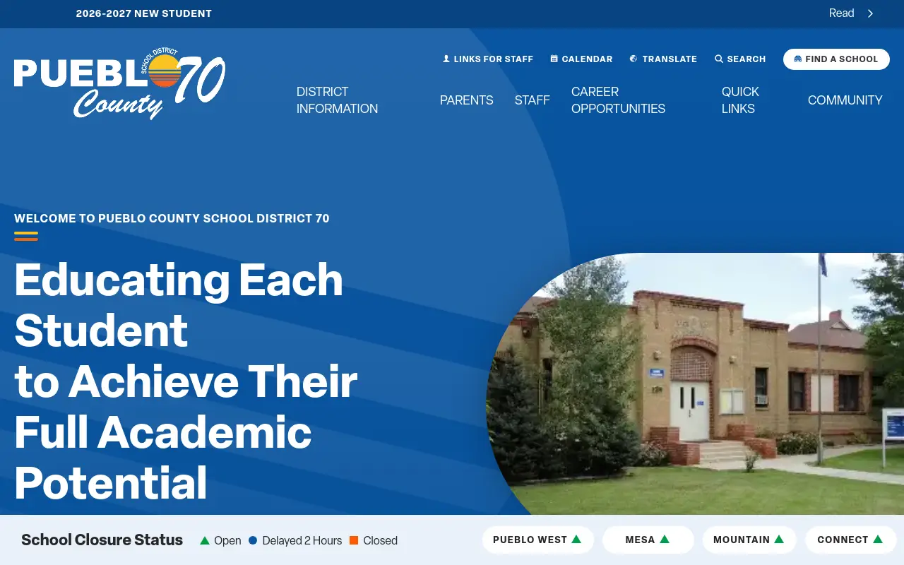 Screenshot of the Pueblo County 70 homepage at scan time