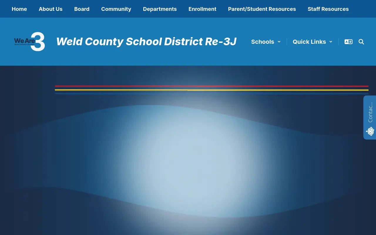 Screenshot of the Weld County School District RE-3J homepage at scan time