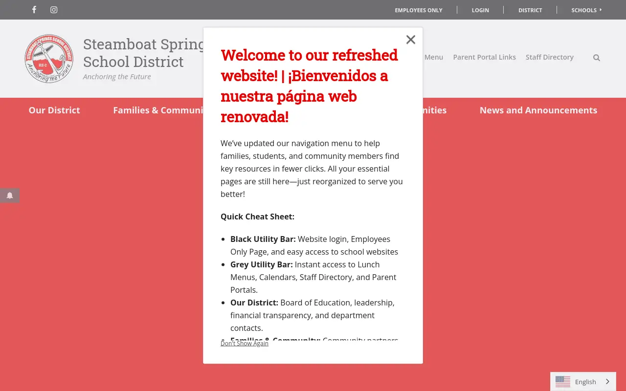 Screenshot of the Steamboat Springs School District RE-2 homepage at scan time