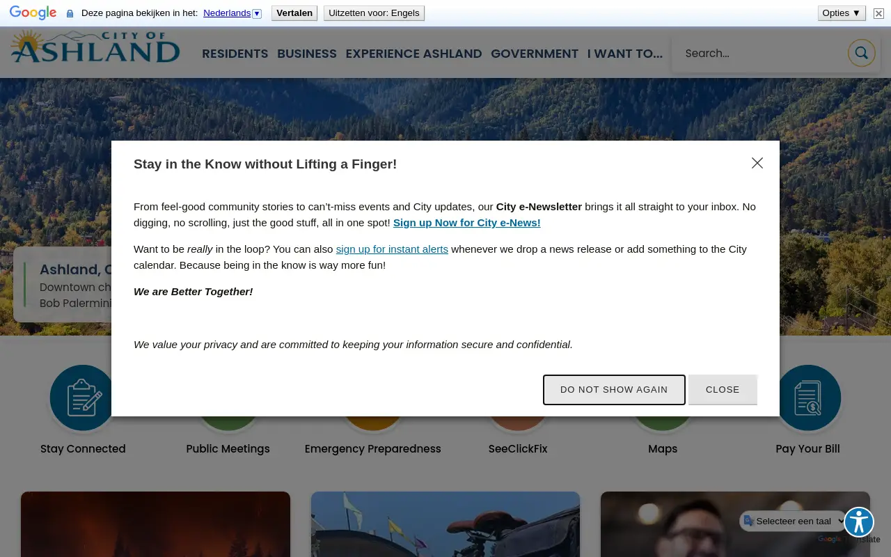 Screenshot of the City of Ashland homepage at scan time