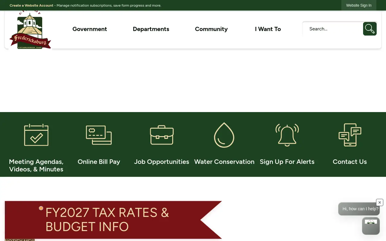 Screenshot of the City of Fredericksburg homepage at scan time