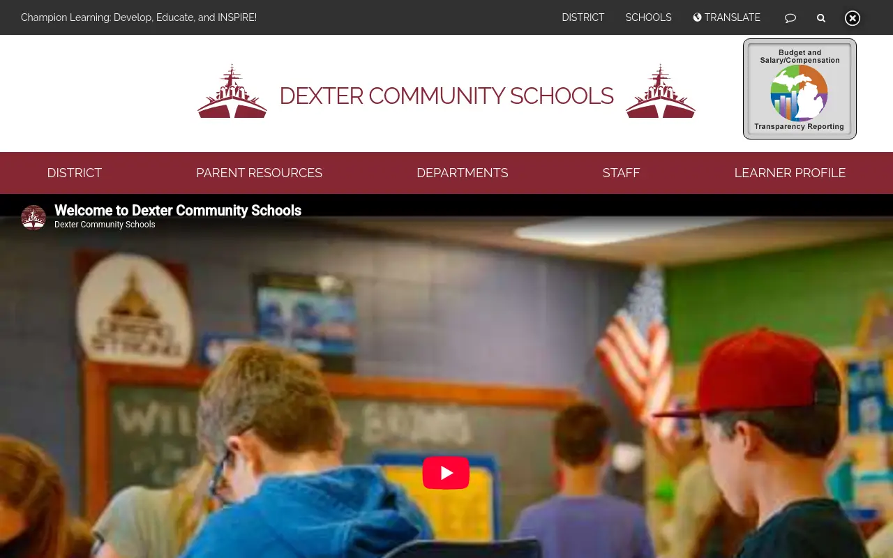 Screenshot of the Dexter Community Schools homepage at scan time