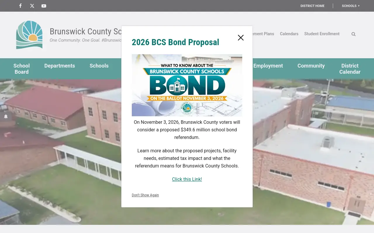 Screenshot of the Brunswick County Schools homepage at scan time