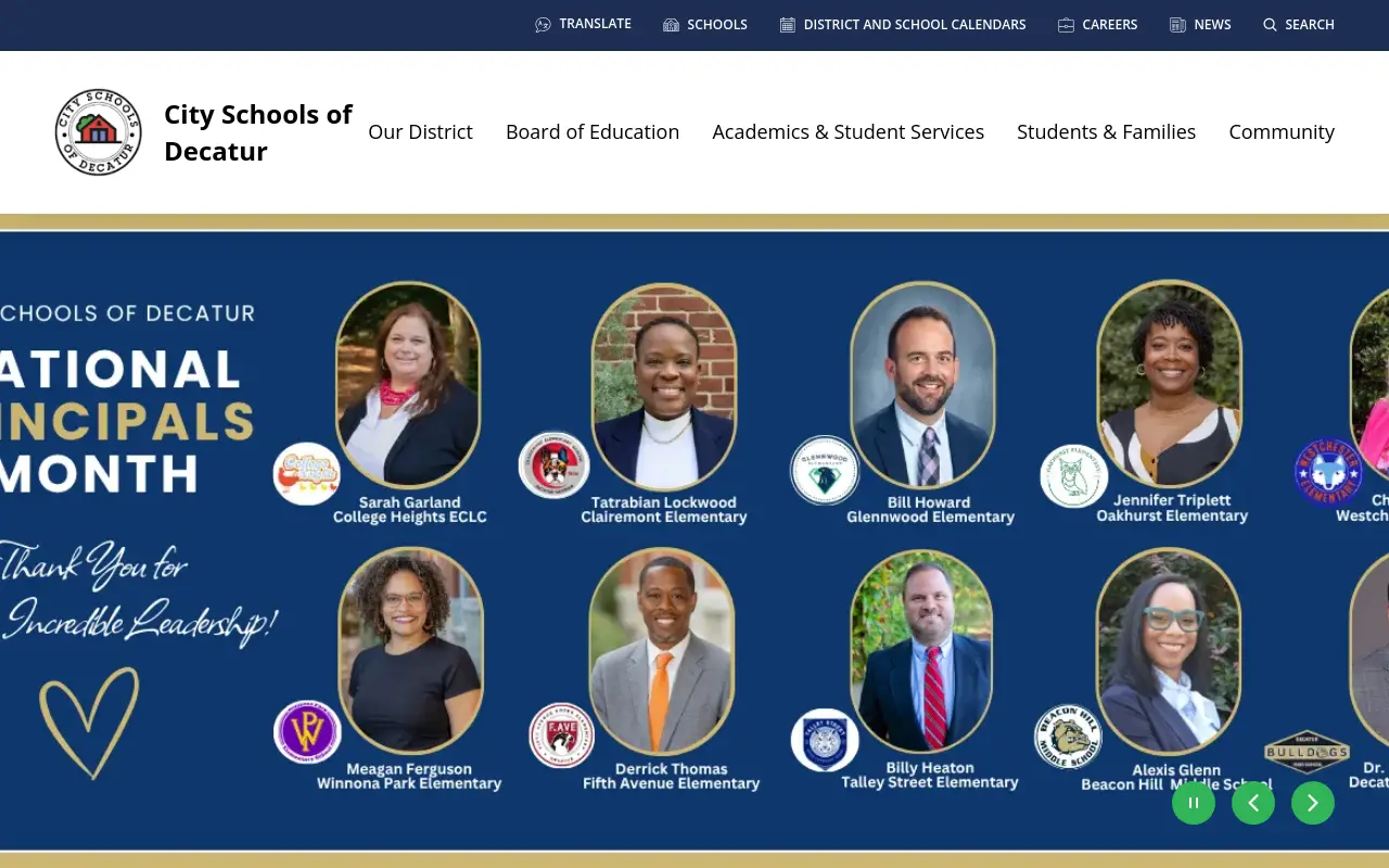 Screenshot of the City Schools of Decatur homepage at scan time