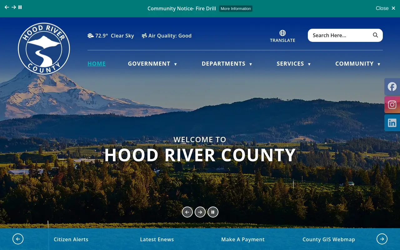 Screenshot of the Hood River County homepage at scan time