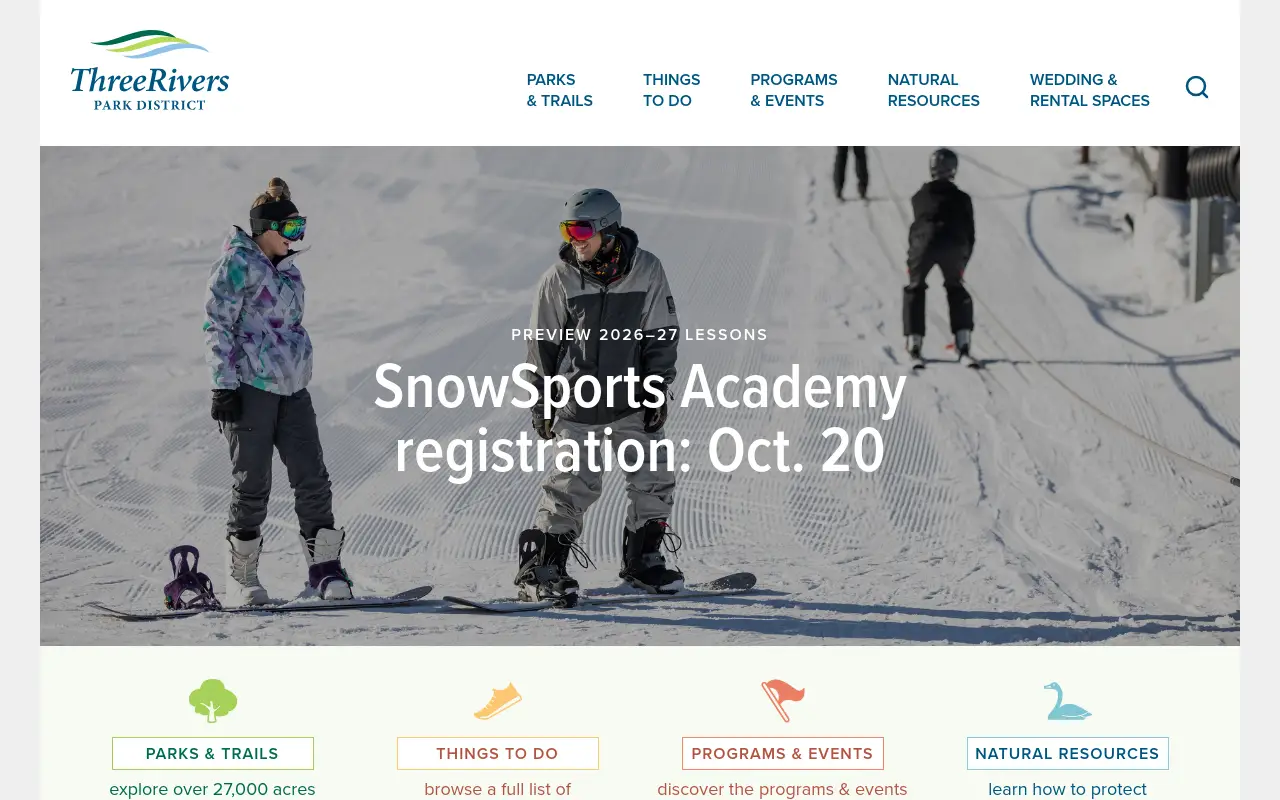 Screenshot of the Three Rivers Park District homepage at scan time