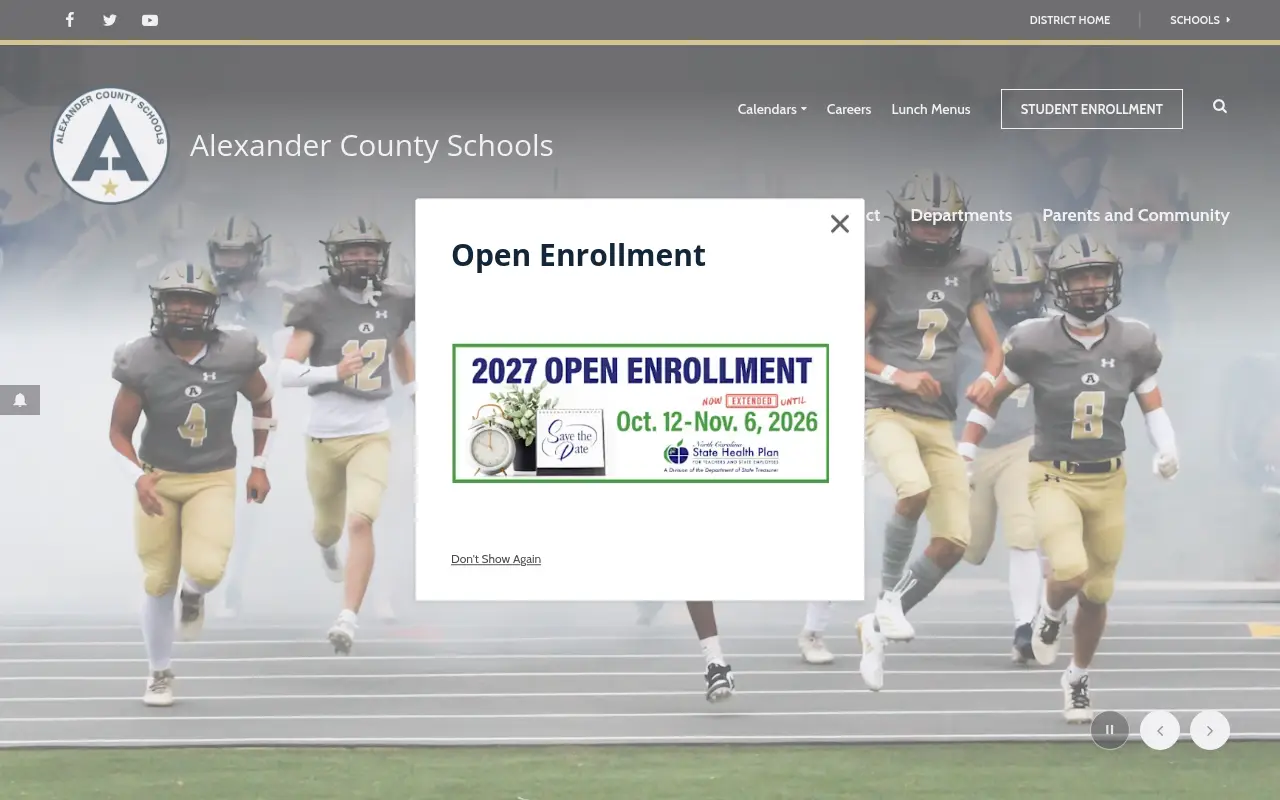 Screenshot of the Alexander County Schools homepage at scan time