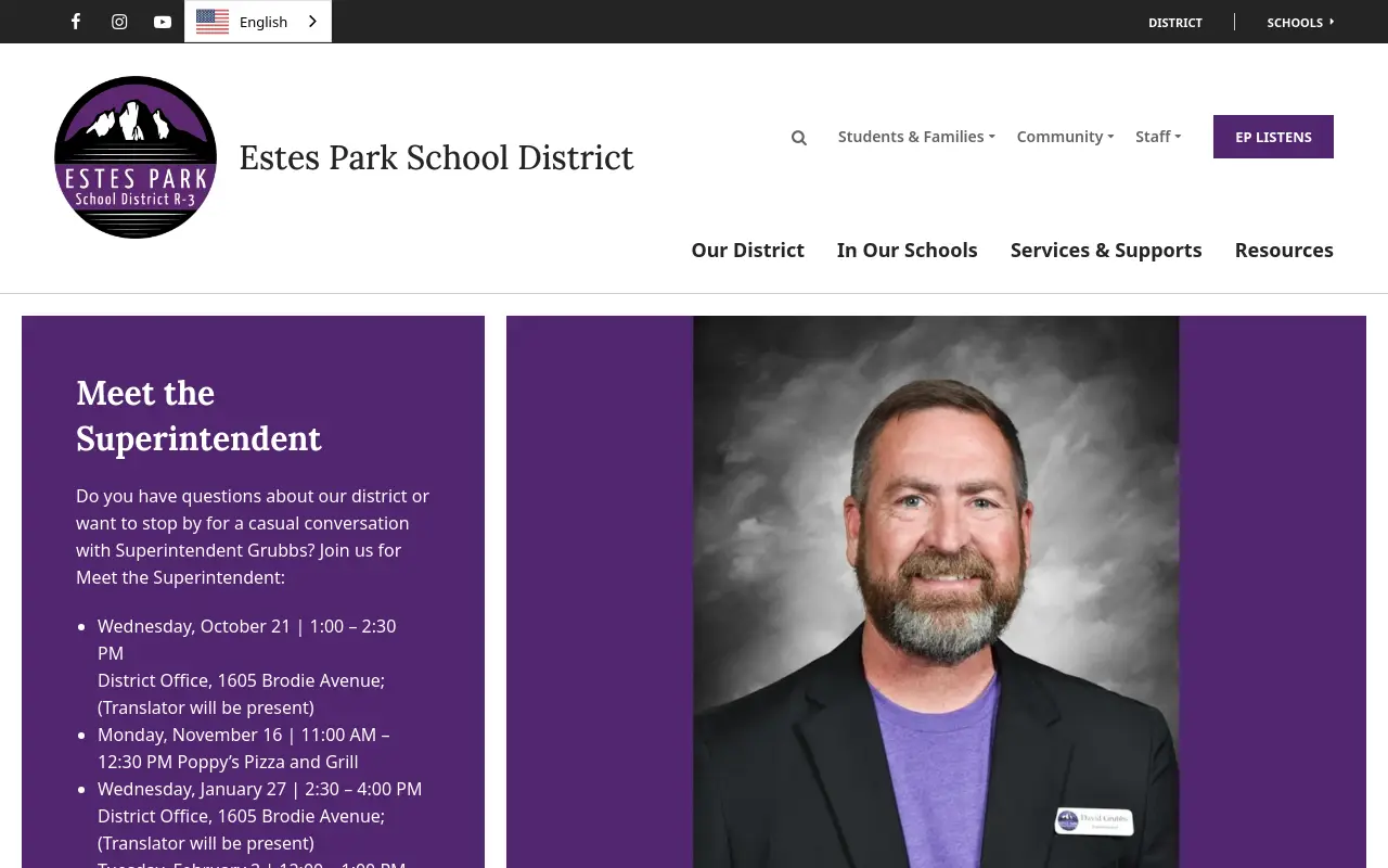 Screenshot of the Estes Park R-3 homepage at scan time