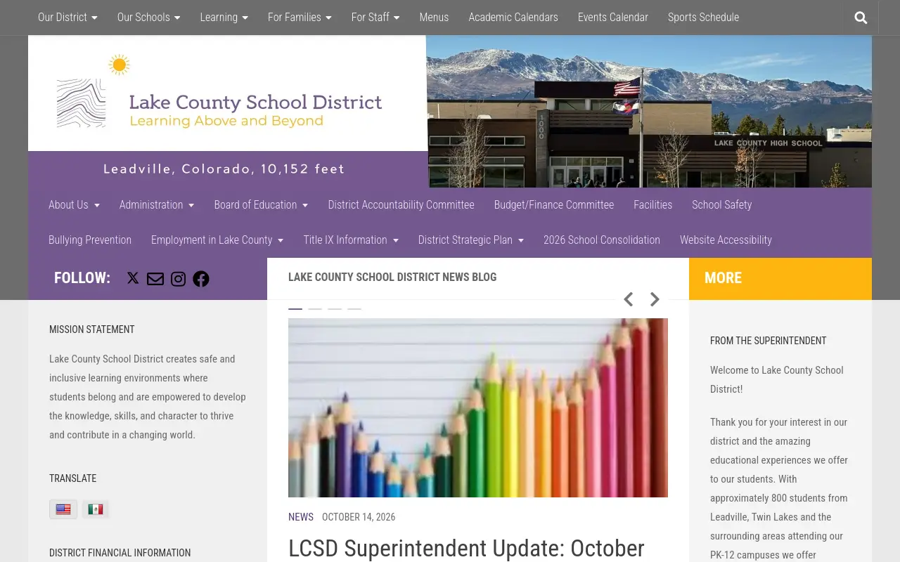Screenshot of the Lake County R-1 homepage at scan time