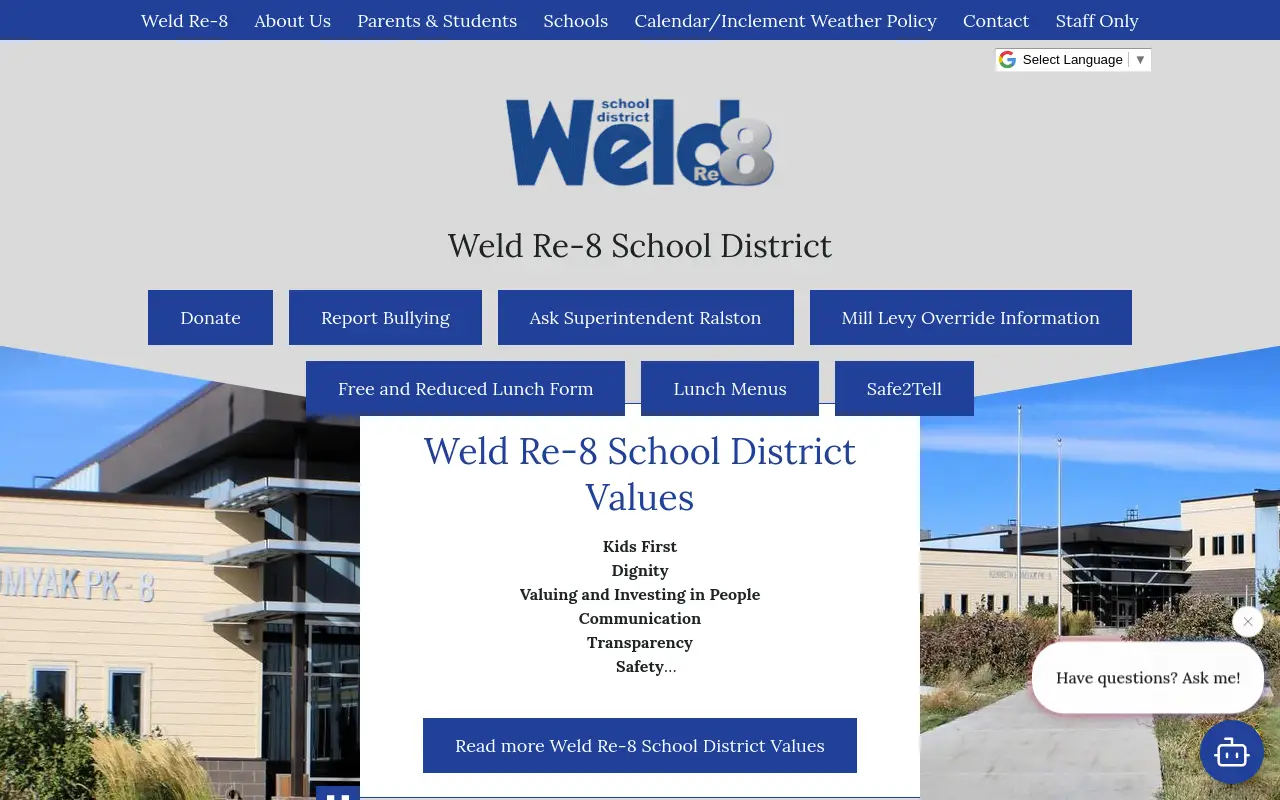 Screenshot of the Weld Re-8 Schools homepage at scan time