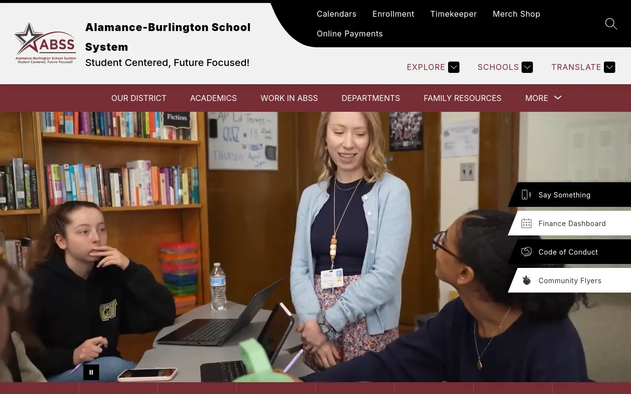 Screenshot of the Alamance-Burlington School System homepage at scan time