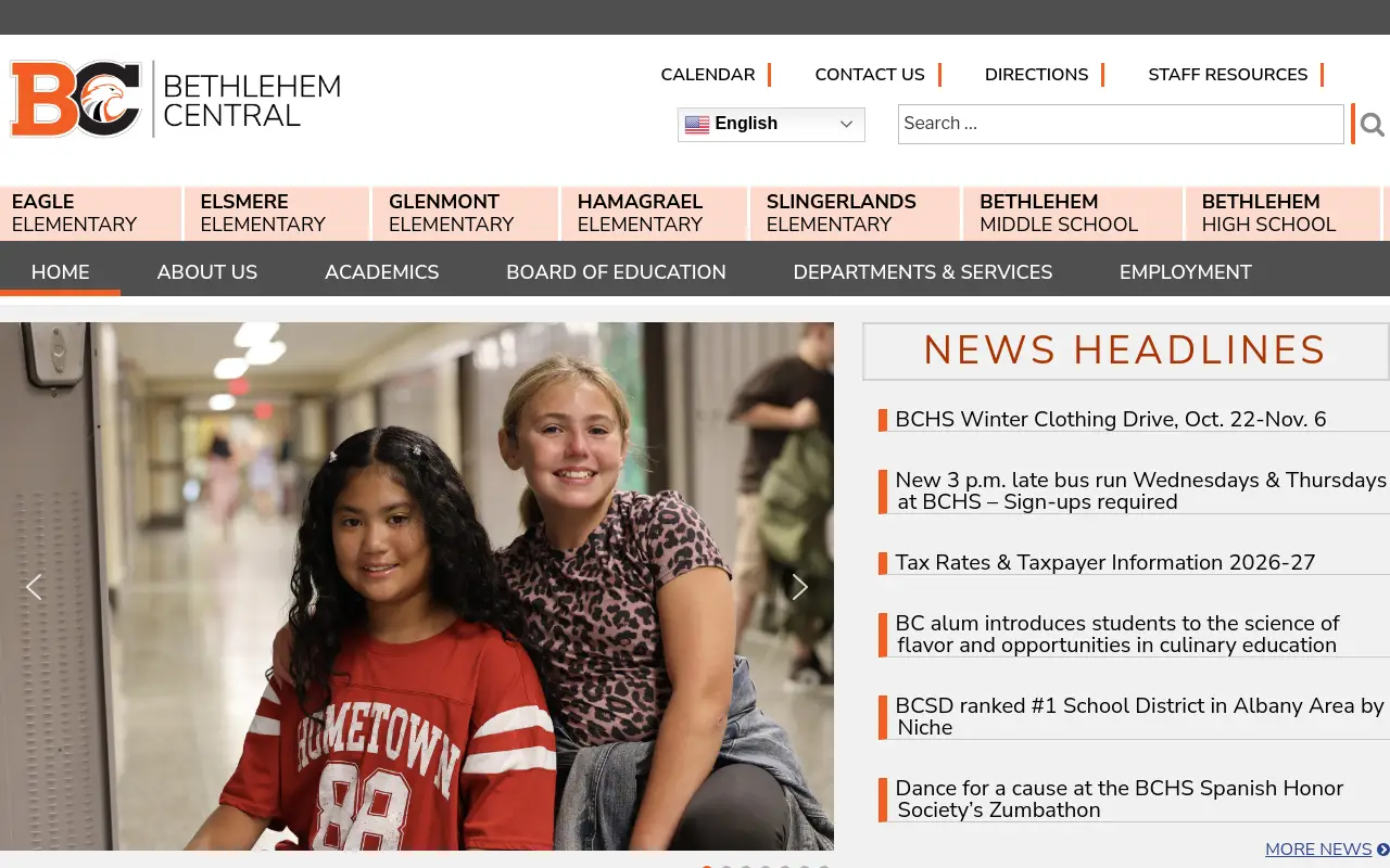 Screenshot of the Bethlehem Central School District homepage at scan time