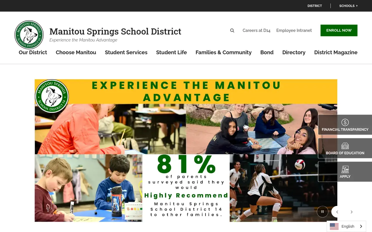 Screenshot of the Manitou Springs 14 homepage at scan time