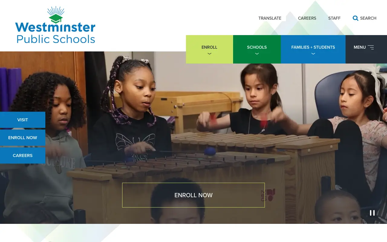 Screenshot of the Westminster Public Schools homepage at scan time