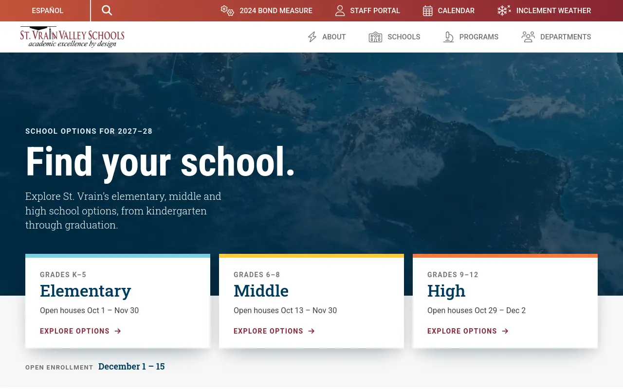 Screenshot of the St Vrain Valley RE1J homepage at scan time