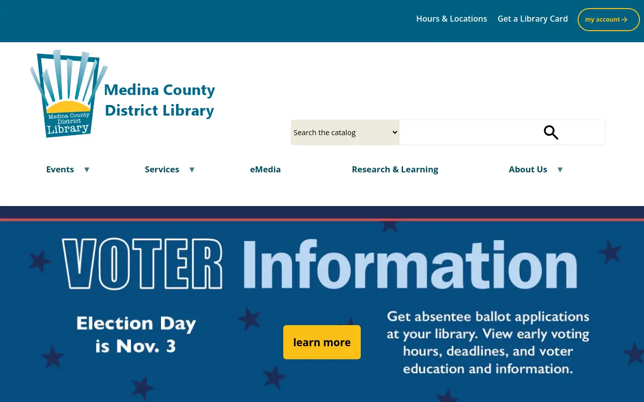 Screenshot of the Medina County District Library homepage at scan time
