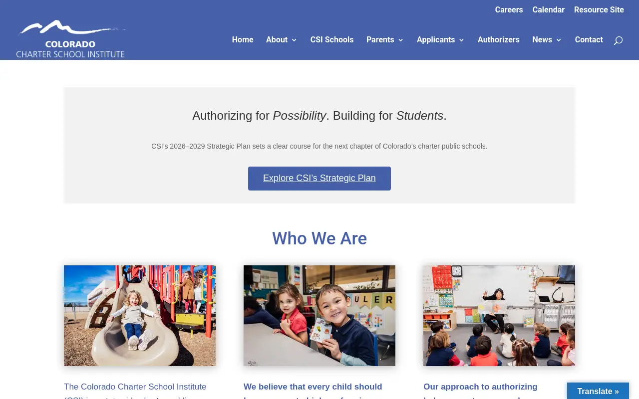 Screenshot of the Charter School Institute homepage at scan time