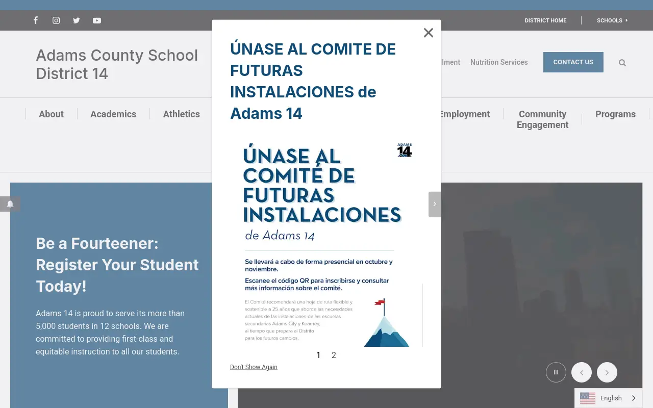 Screenshot of the Adams County 14 homepage at scan time