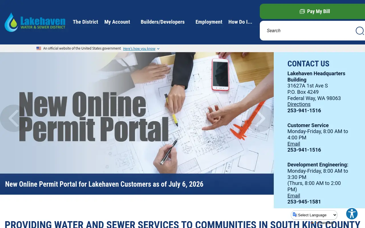 Screenshot of the Lakehaven Water & Sewer District homepage at scan time