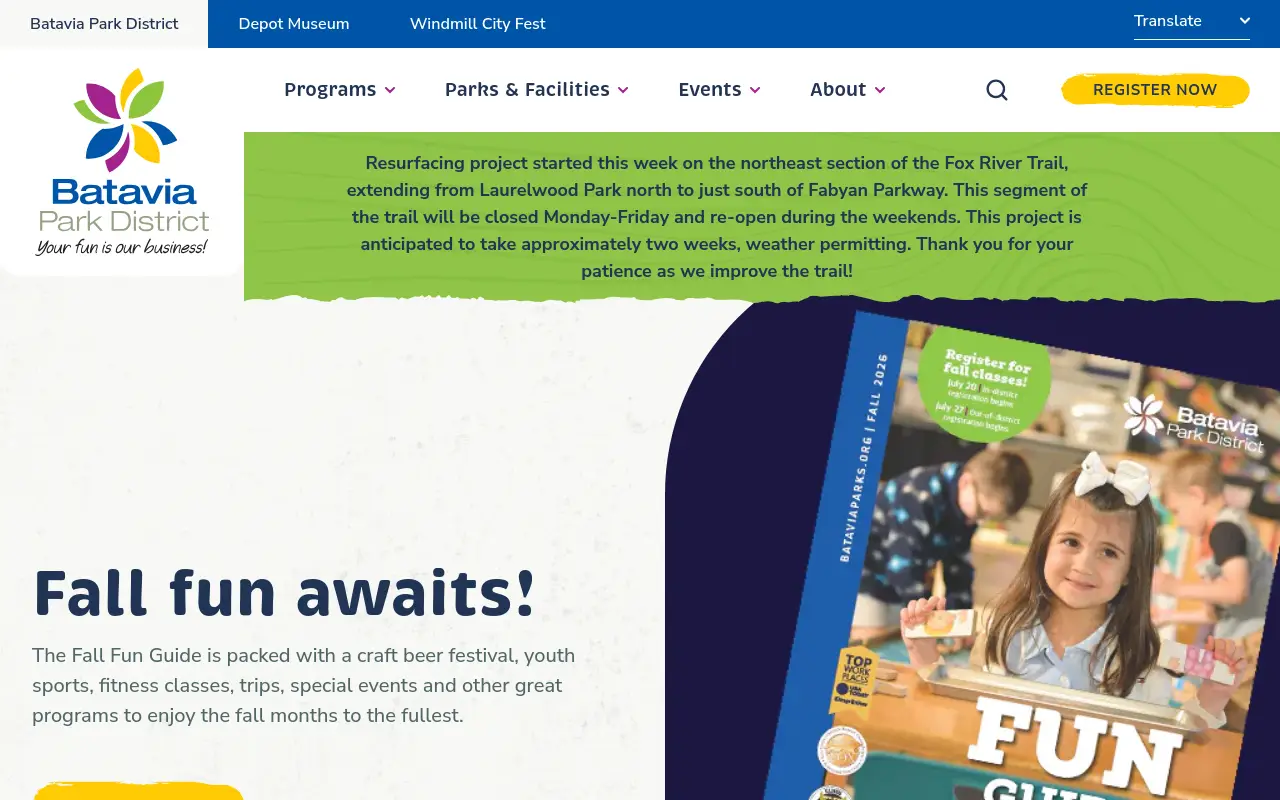 Screenshot of the Batavia Park District homepage at scan time