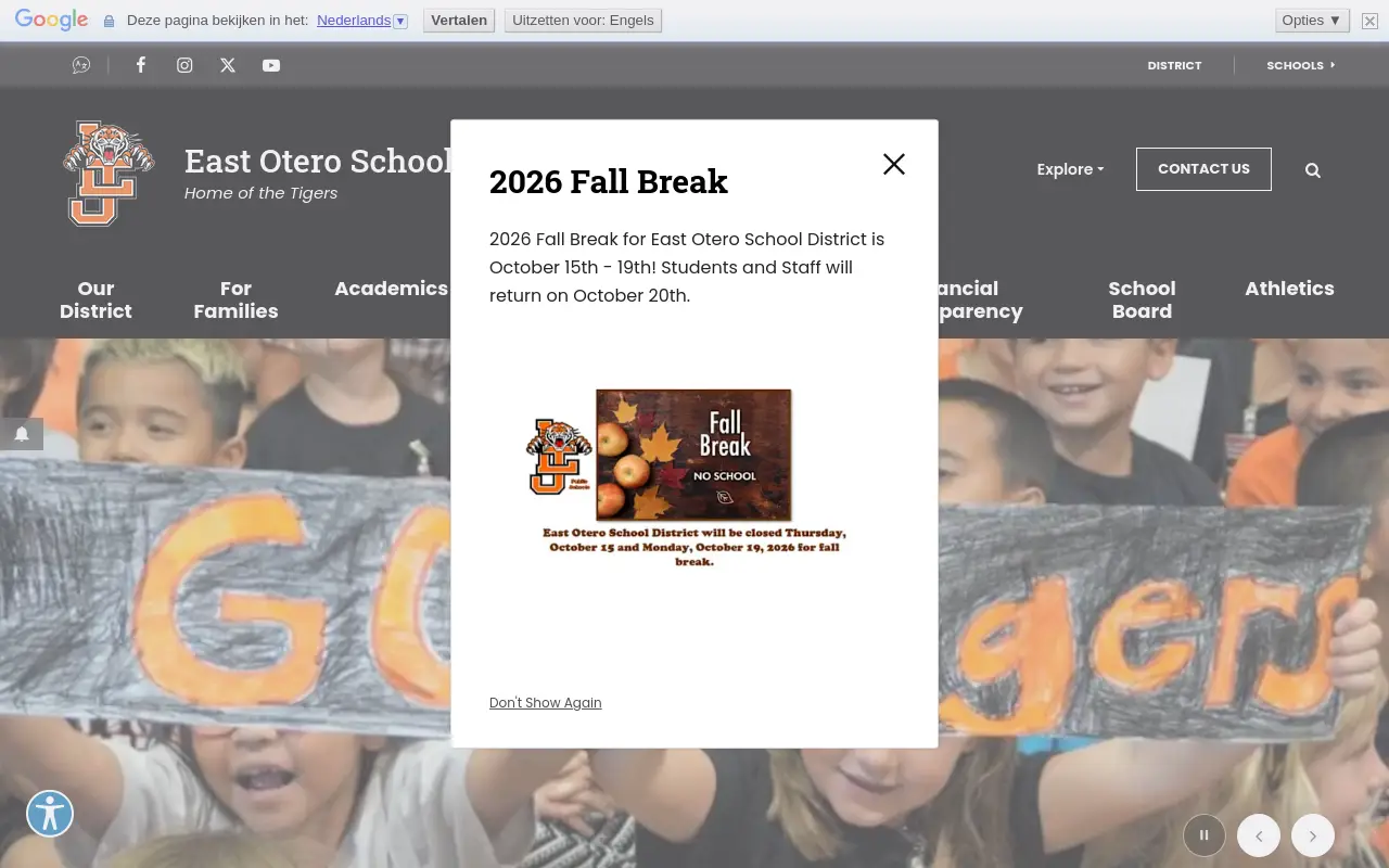 Screenshot of the East Otero R-1 homepage at scan time